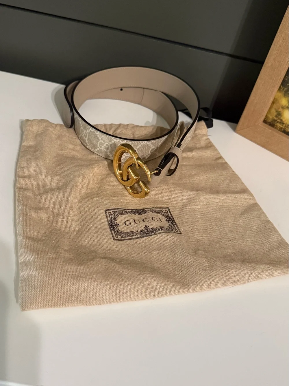 Gucci Beige GG Canvas Belt with Gold Double G Buckle